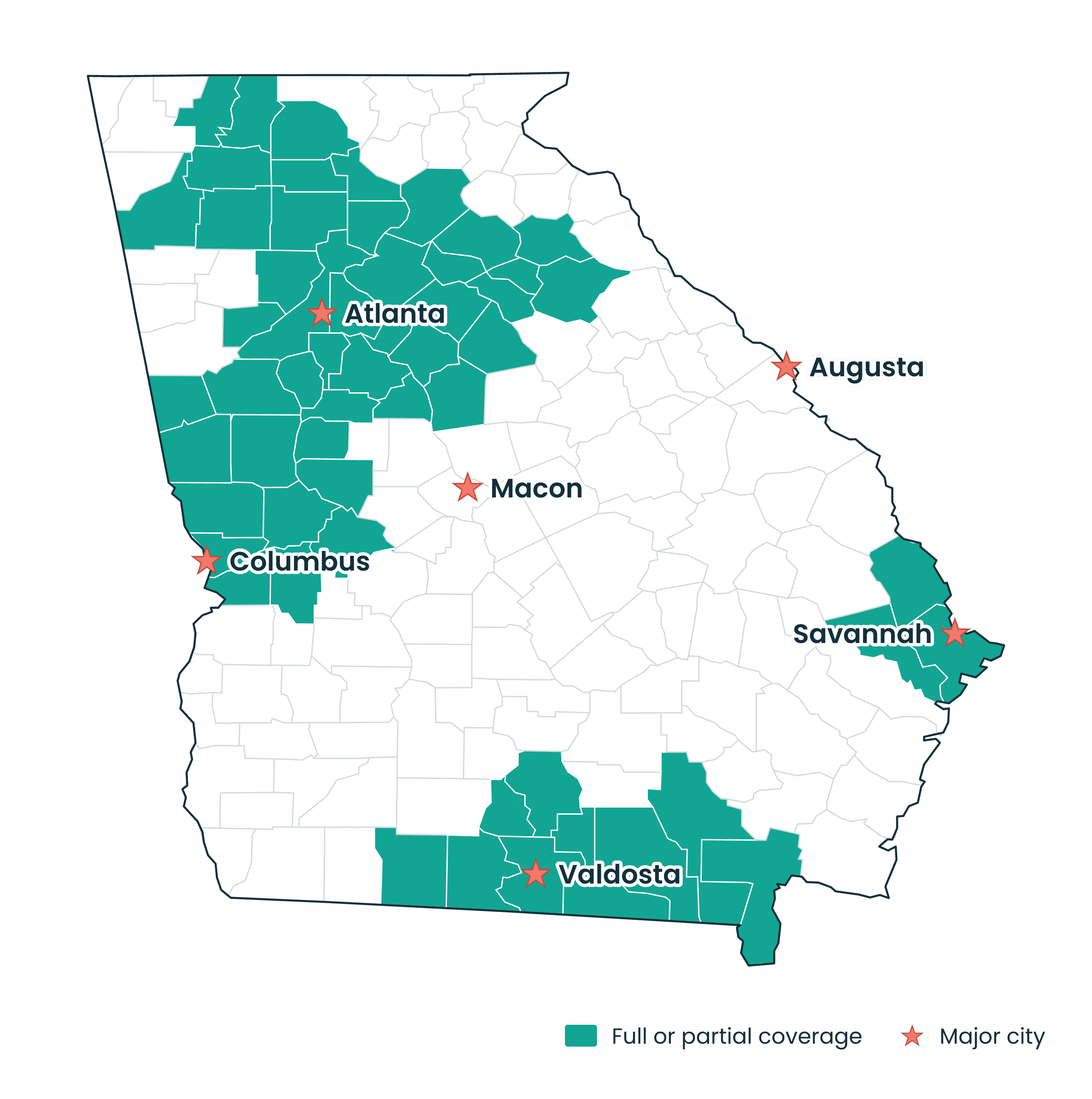 Coverage map of Georgia showing full or partial county coverage and major cities