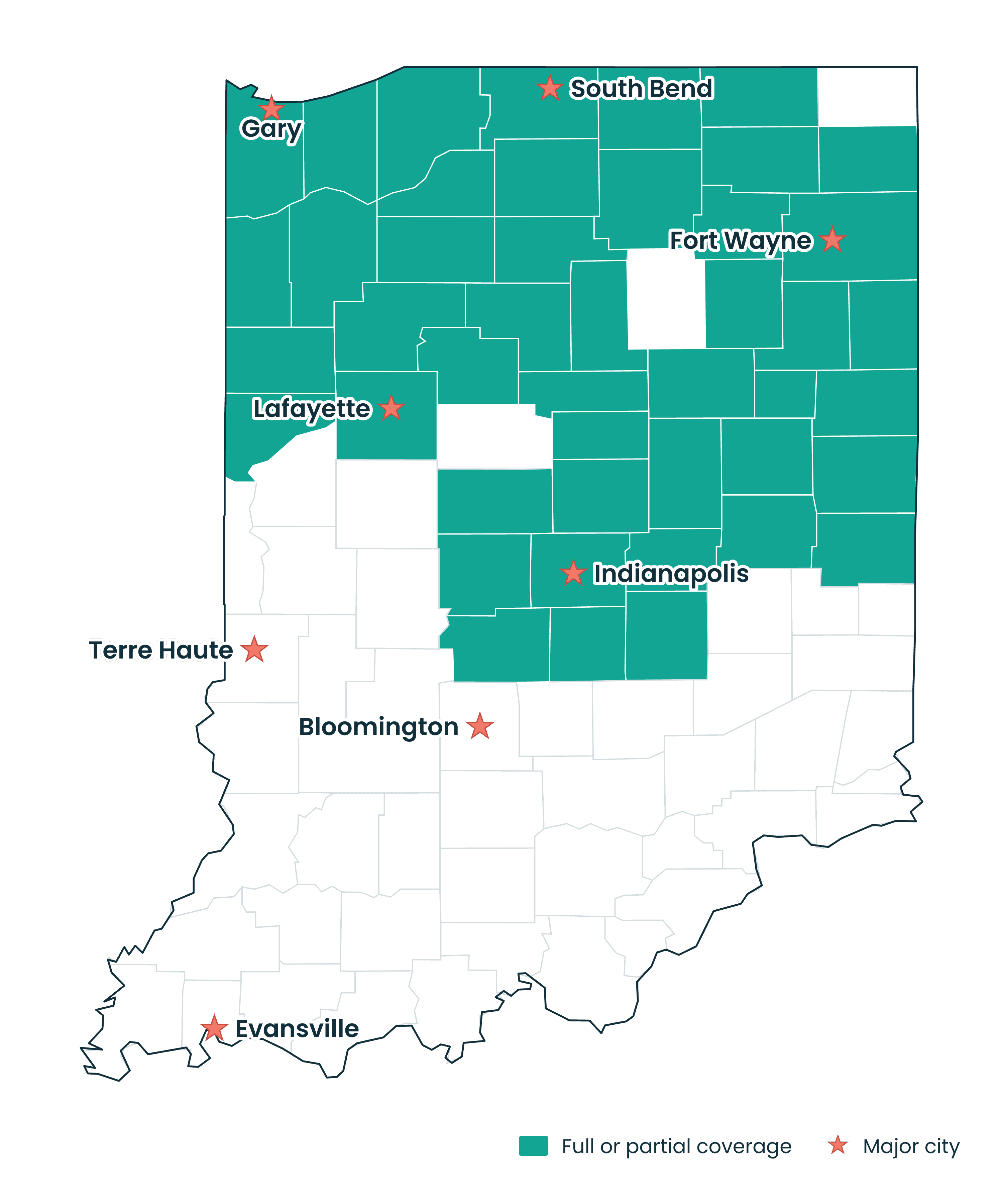 Coverage map of Indiana showing full or partial county coverage and major cities