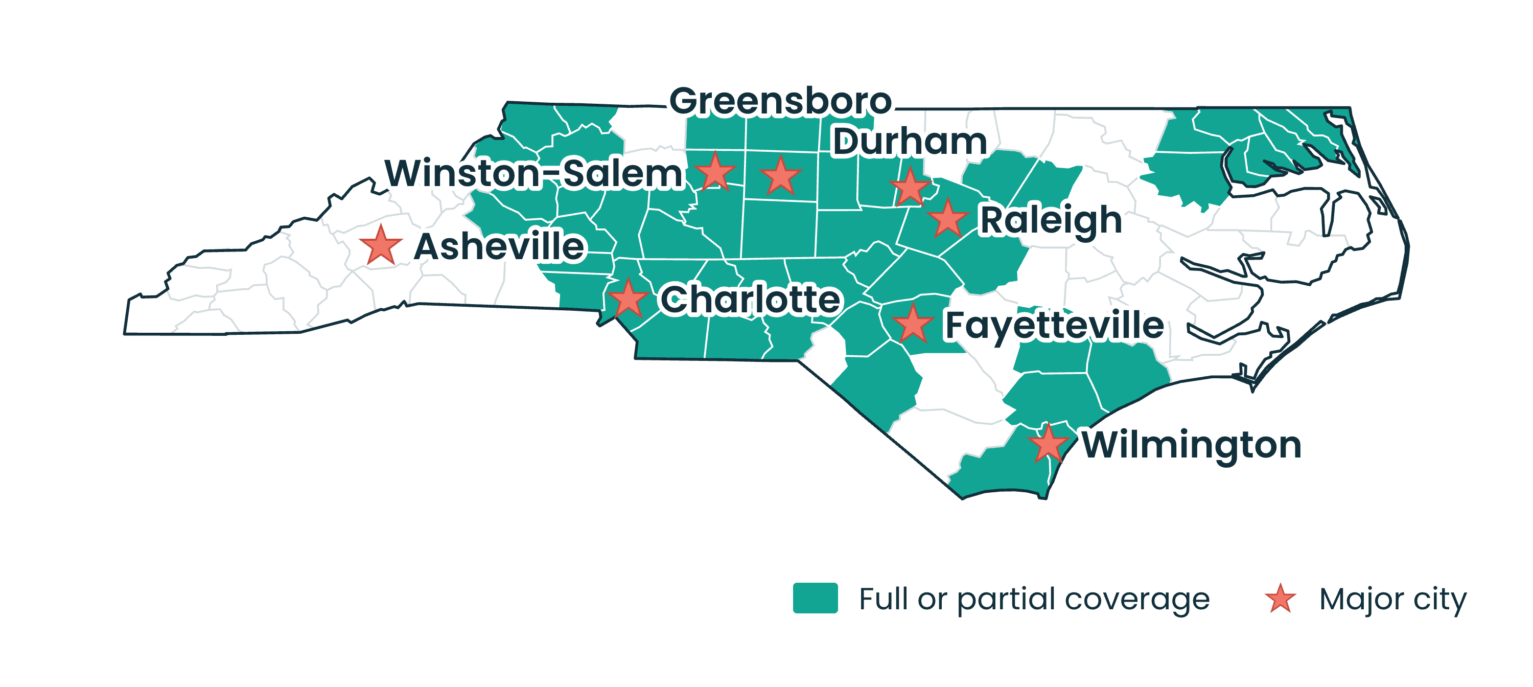 Coverage map of North Carolina showing full or partial county coverage and major cities