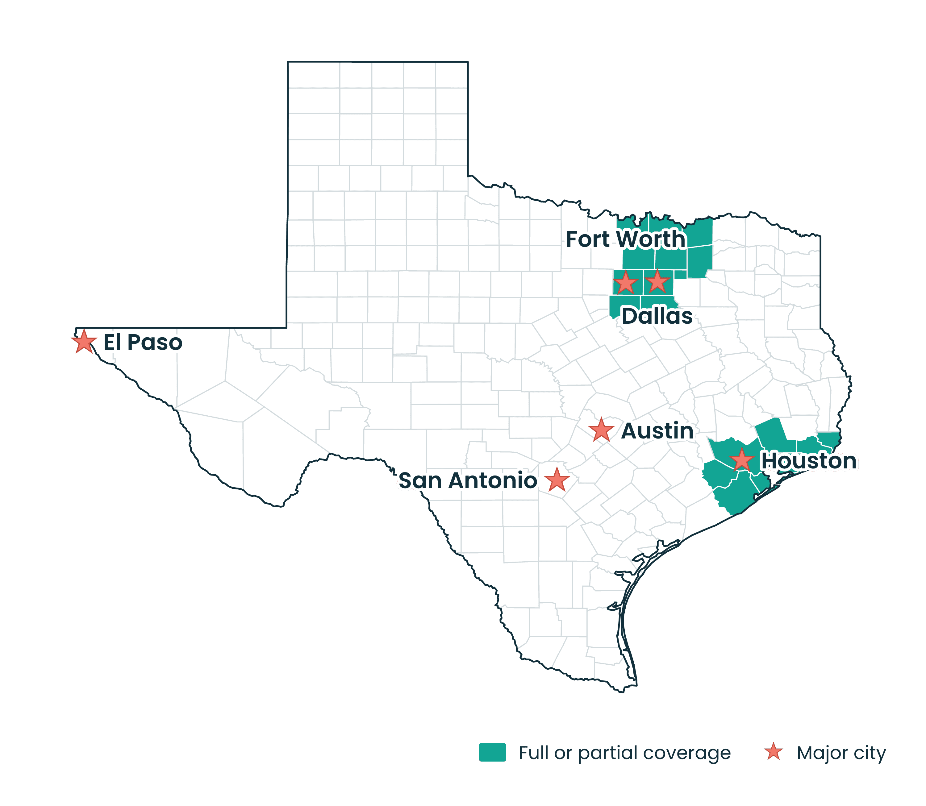 Coverage map of Texas showing full or partial county coverage and major cities