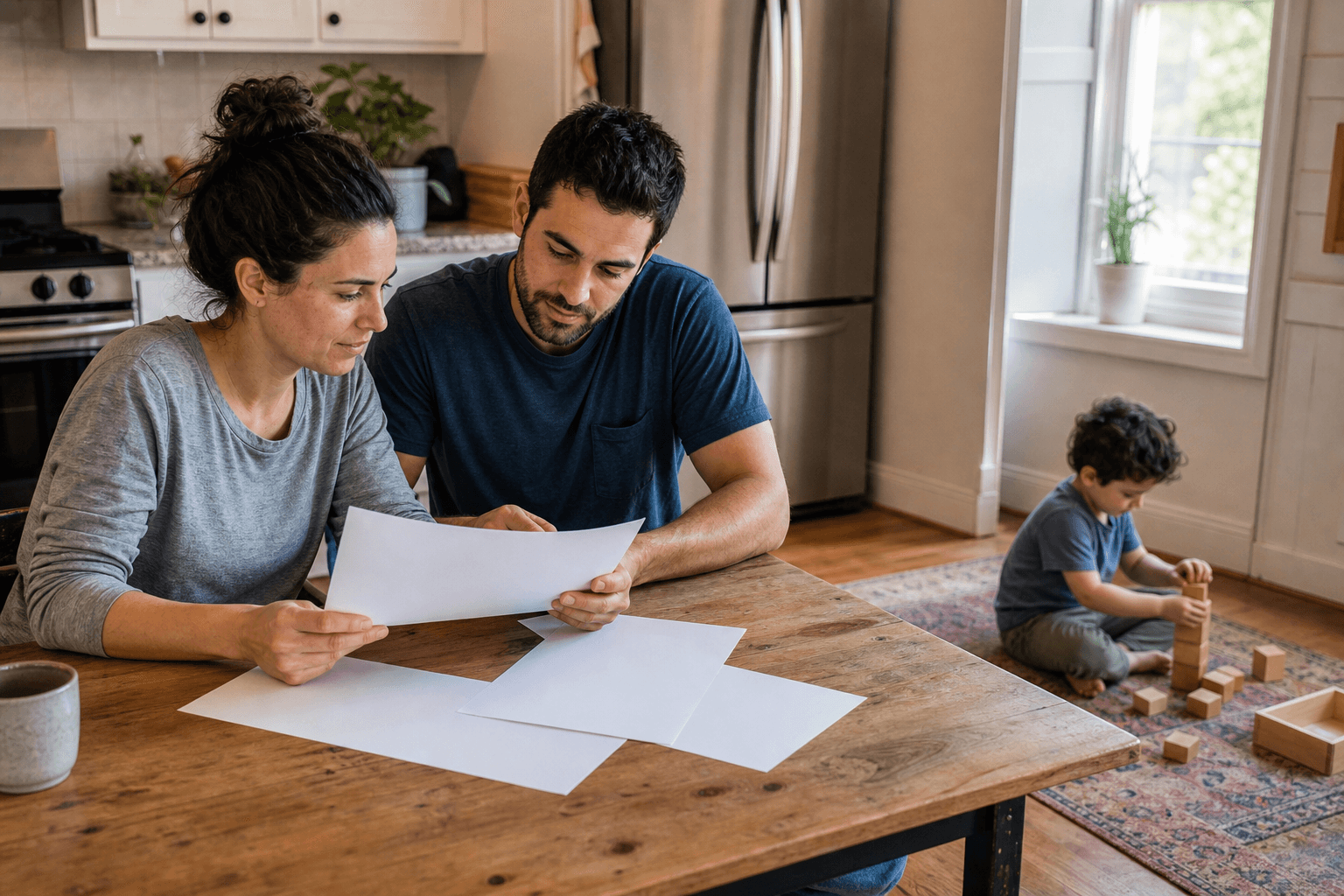 Two adults review papers at a kitchen table while a child plays nearby with wooden blocks.
