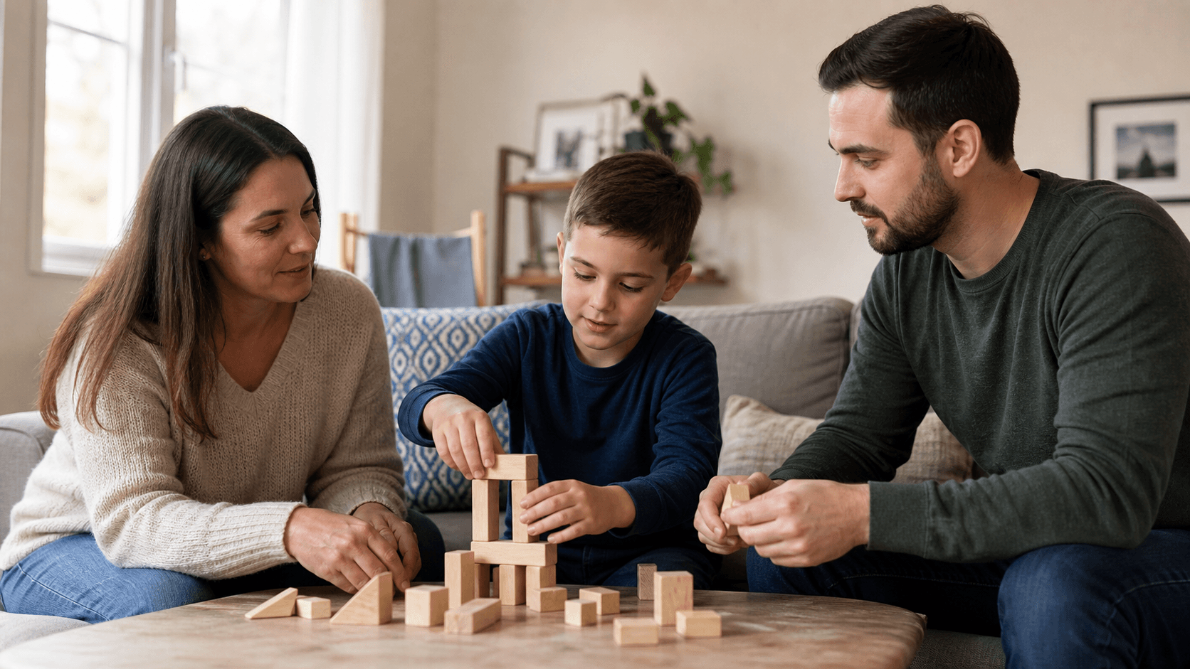A child builds a wooden-block structure at a living-room table while two adults watch and participate.