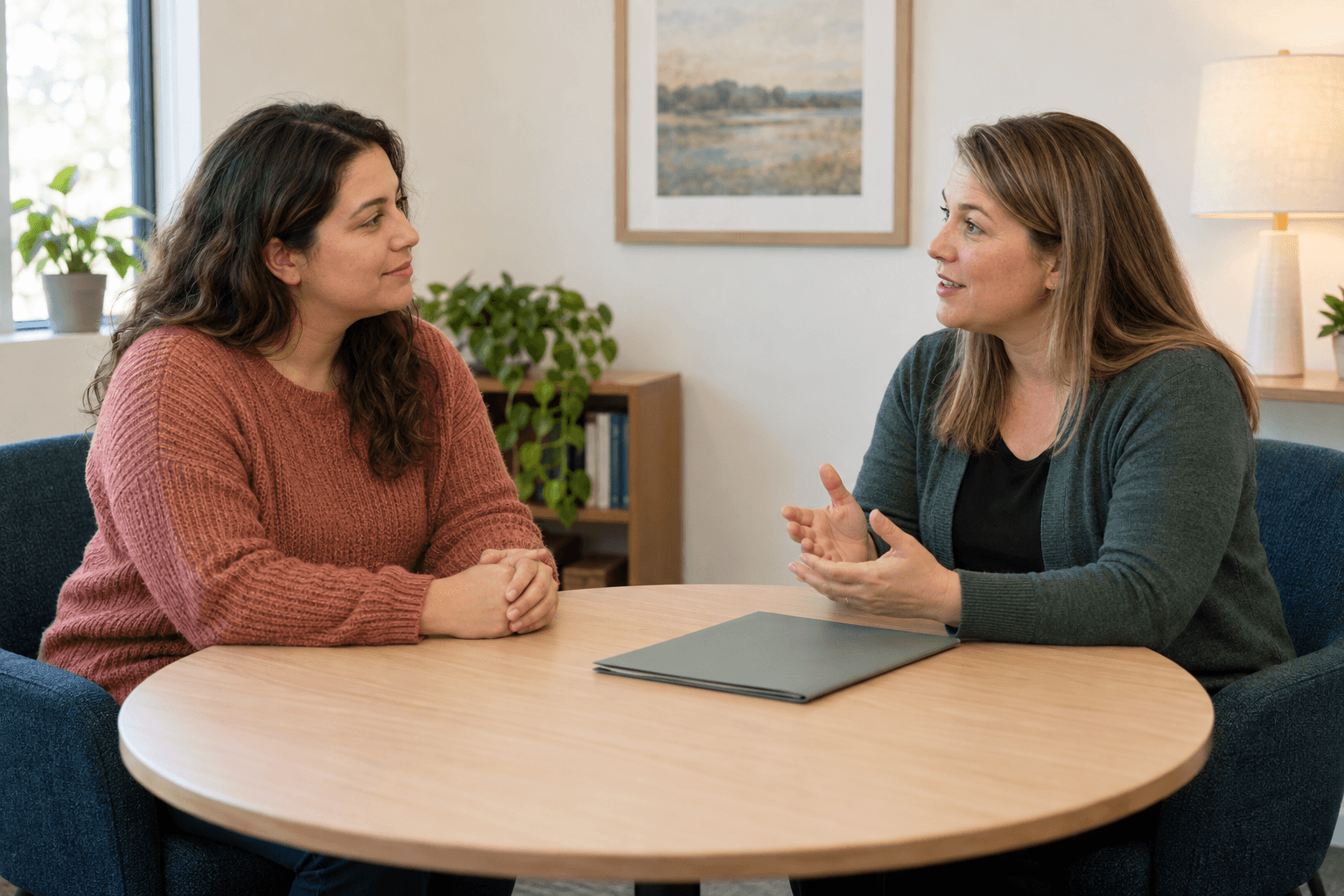 Two adults sit across a wooden table, talking beside a closed folder.